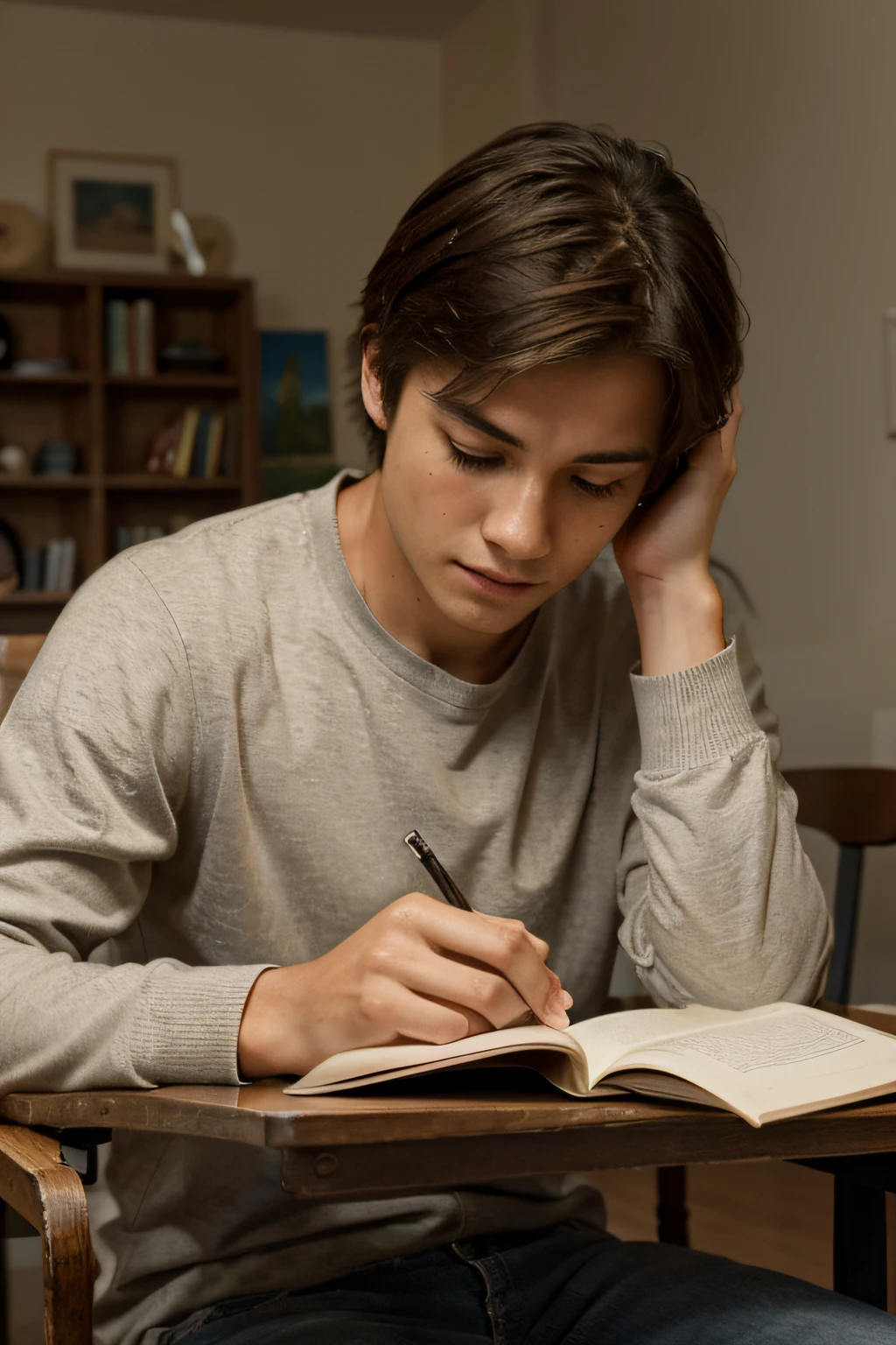 A male student reading a book on a sitting table, with a perfect face and detailed features, set against a beautiful background in an oil painting style. The image is of the best quality and a masterpiece with a scaling factor of 1.2. The student's face is realistically portrayed with precise details, creating a lifelike representation. The color palette consists of warm and inviting tones, adding to the overall ambiance of the scene. The lighting is soft and gentle, enhancing the tranquility and serenity of the moment.