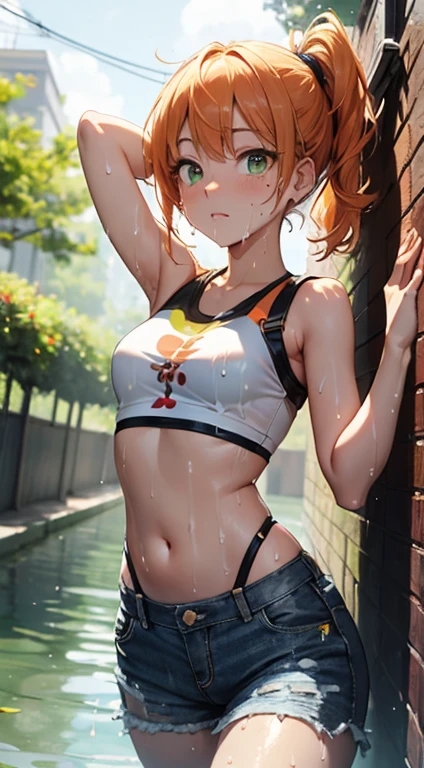 (bulky:1.2), Bulky, misty, orange_hair, green left eye, red right eye, side_ponytail, yellow_sleeveless_cropped_shirt, tiny denim shorts, small breasts, red suspenders, wet silky skin, water dripping down body, shirtlift, shiny skin, wet clothes, sweating, red cheecks, belly, navel, nature, city, overgrown, lush vegetation, vines, running, worried face, (perfect anatomy,perfect fingers),