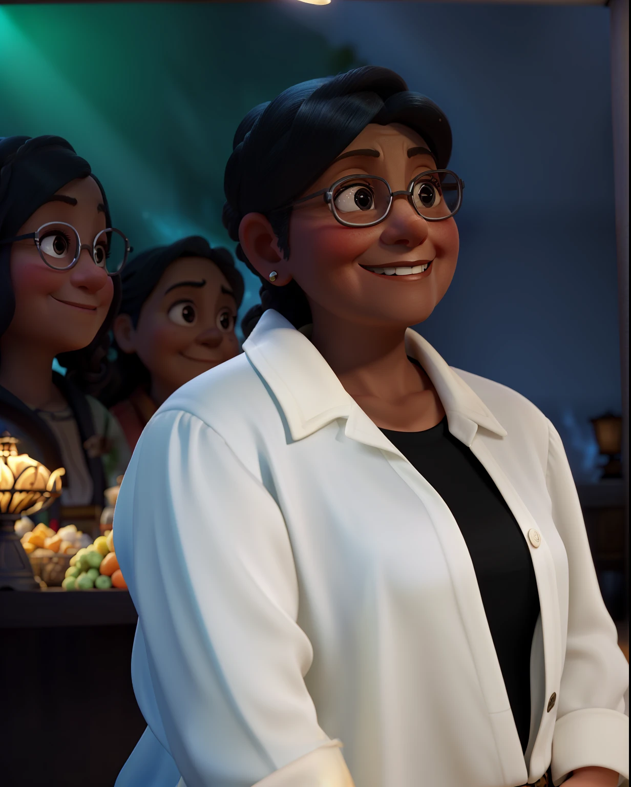 A wise lady in front, illuminated by the light of a lamp, contra o pano de fundo de uma cantina. Selling snacks and food, she is a smiling and spontaneous lady