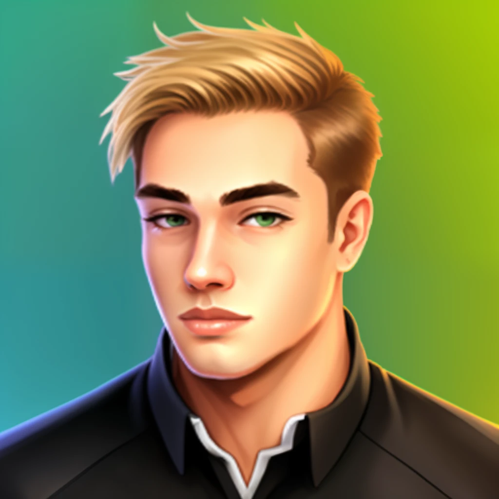 A young man with shoulder length dirty blonde hair, green eyes and a broad straight nose animated realistic