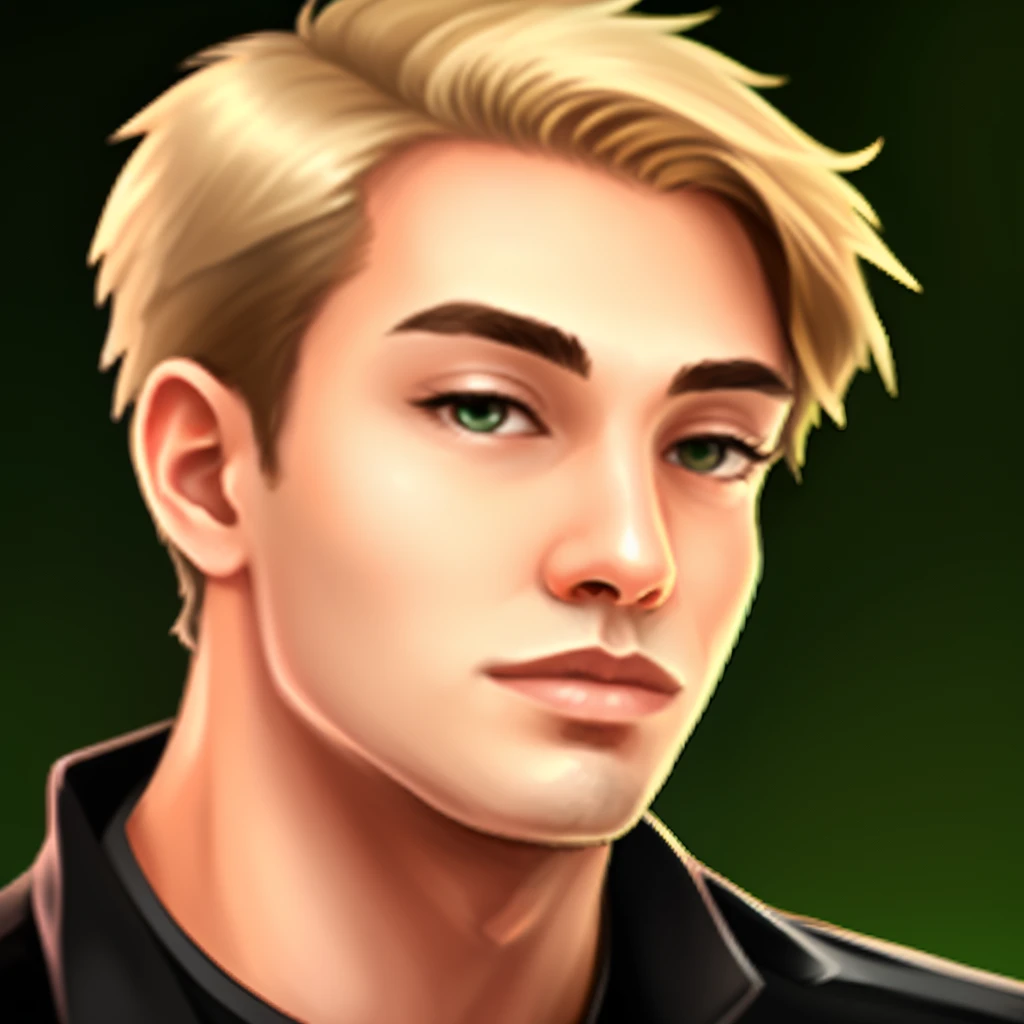 A young man with shoulder length dirty blonde hair, green eyes and a broad straight nose animated realistic