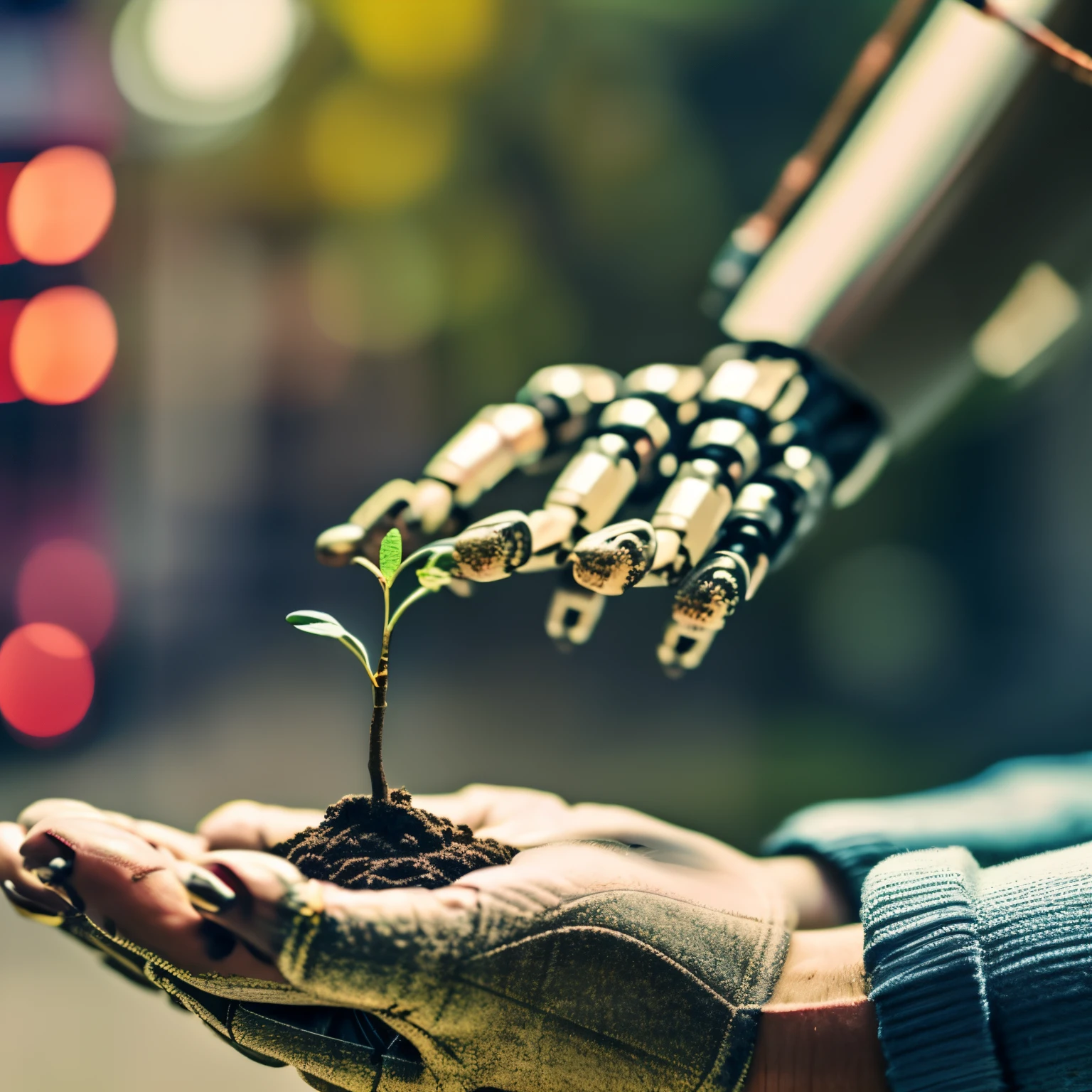 A woman holding a small tree seedling in her hands and her left hand is that of a robot. Tema: Sustentabilidade e tecnologia, Cyberpunk, human and machine