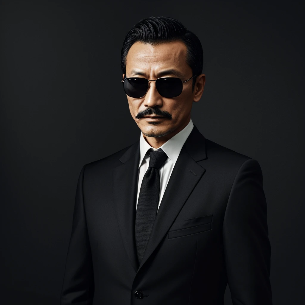 55 years old，Hidetoshi Nakata ，（Kogoro Mouri 1.3), A man in a black suit, necktie, Ray ban sunglasses, tong, mustache，little beard，wizard, can manipulate shadow, shadow beautiful colour, dark, shadow effect, masterpiece，4k hd