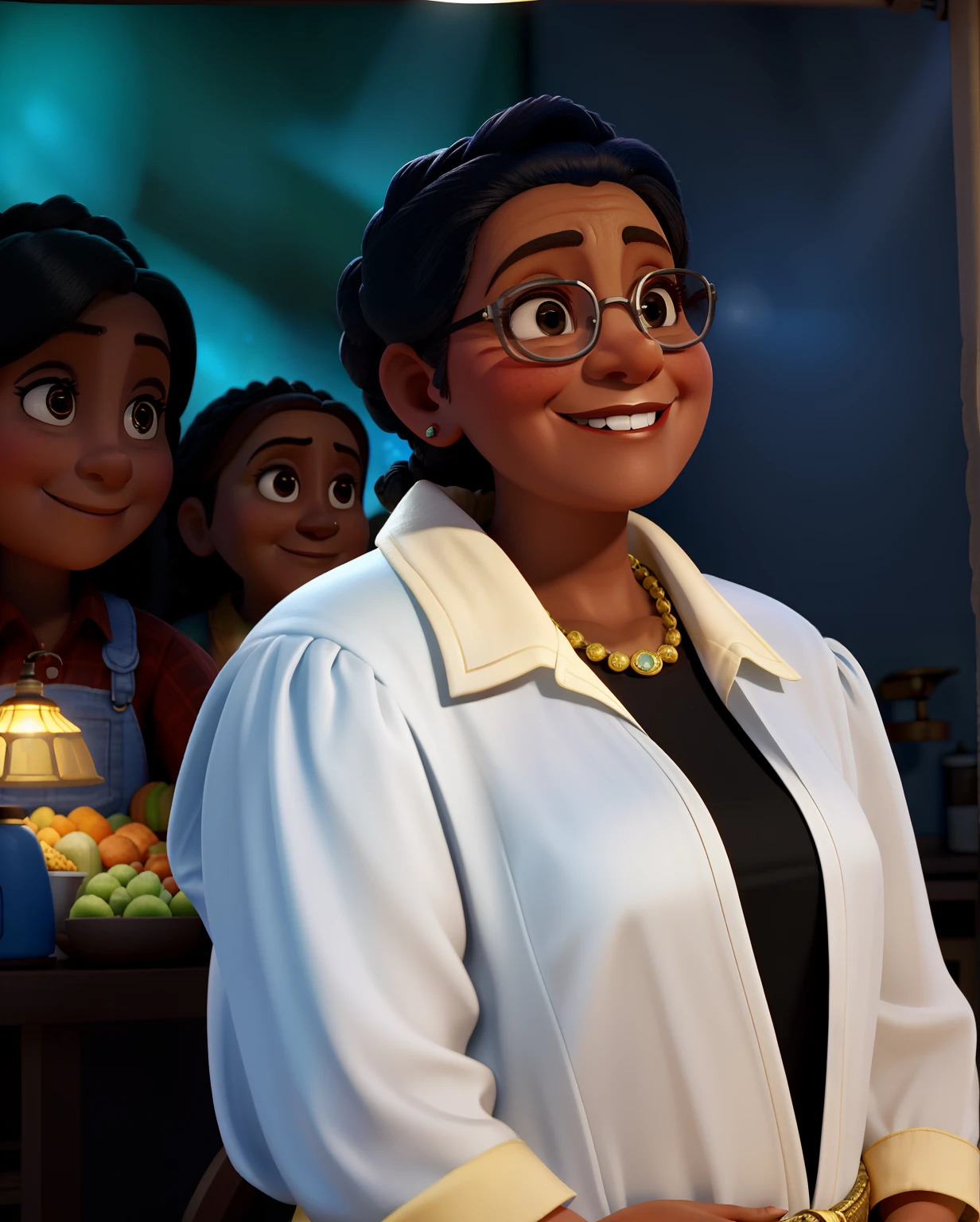 A wise lady in front, illuminated by the light of a lamp, contra o pano de fundo de uma cantina. Venda de salgadinhos e comida, she is a smiling and spontaneous lady with no one behind her just a canteen, e ela segurando uma panela