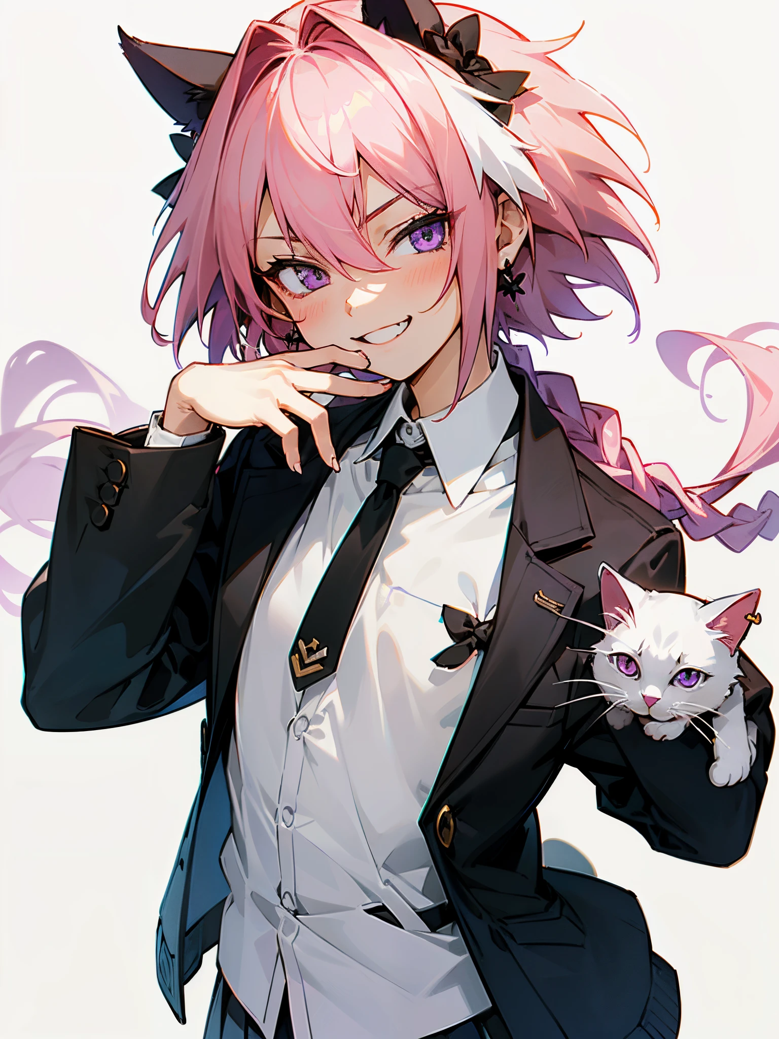 ((simple white background)), (masterpiece, sidelighting, finely detailed purple eyes: 1.2), ((best quality)), ((masterpiece)), anime, young girl, small chest, childish body, (office shirt), pleated skirt, (black fancy jacket), anime sharp tooth, pale skin, (shadowed eyes, darkened eyes), (smug smirk, cheerful), (long braided hair, pink-white hair, messy haircut, hair between eyes, hairclips on left side), (cat ears), earrings, solo, 1girl,