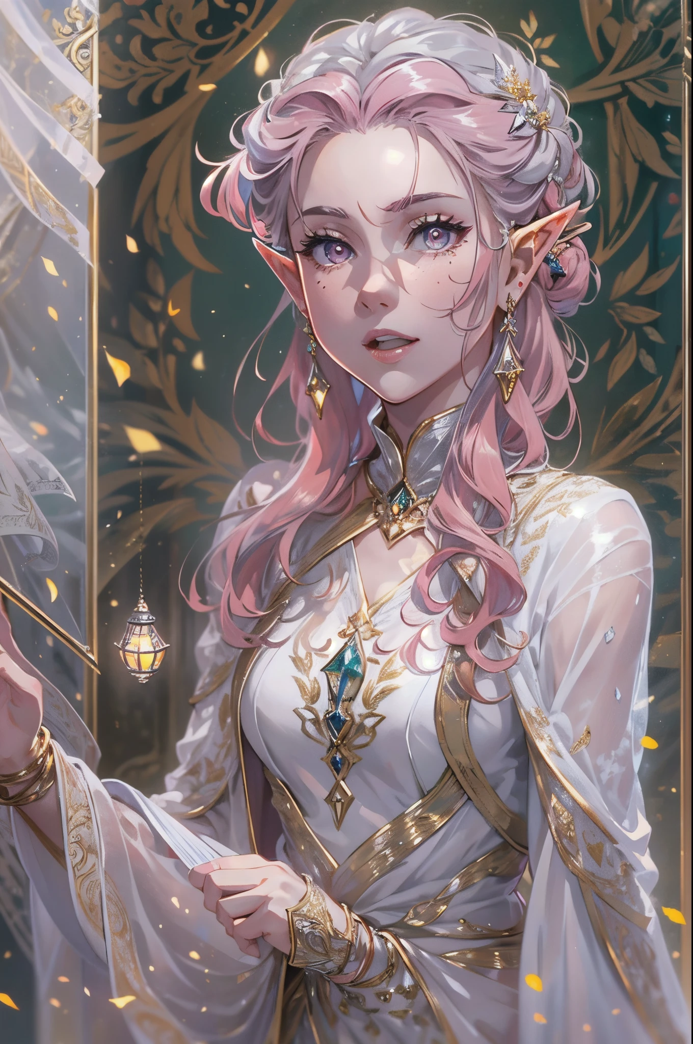 ((Shot Full Body)), The woman, round face, curly hair, (pink hair:1.3), elven hairstyle, lilac eyes, sparks, hair in a bun, white spots on the face, (Elf with pointy ears), calm face, endearing smile, enchantress, magical confident pose, (White Elven Dress, Silver details, Ornaments, long sleeves, tapes:1.3). (silver bracelet on wrist). Fantasy, Ultra Detailed, 电影灯光, painting, Iconography, tarot, Full-HD, Alphonse Muxf