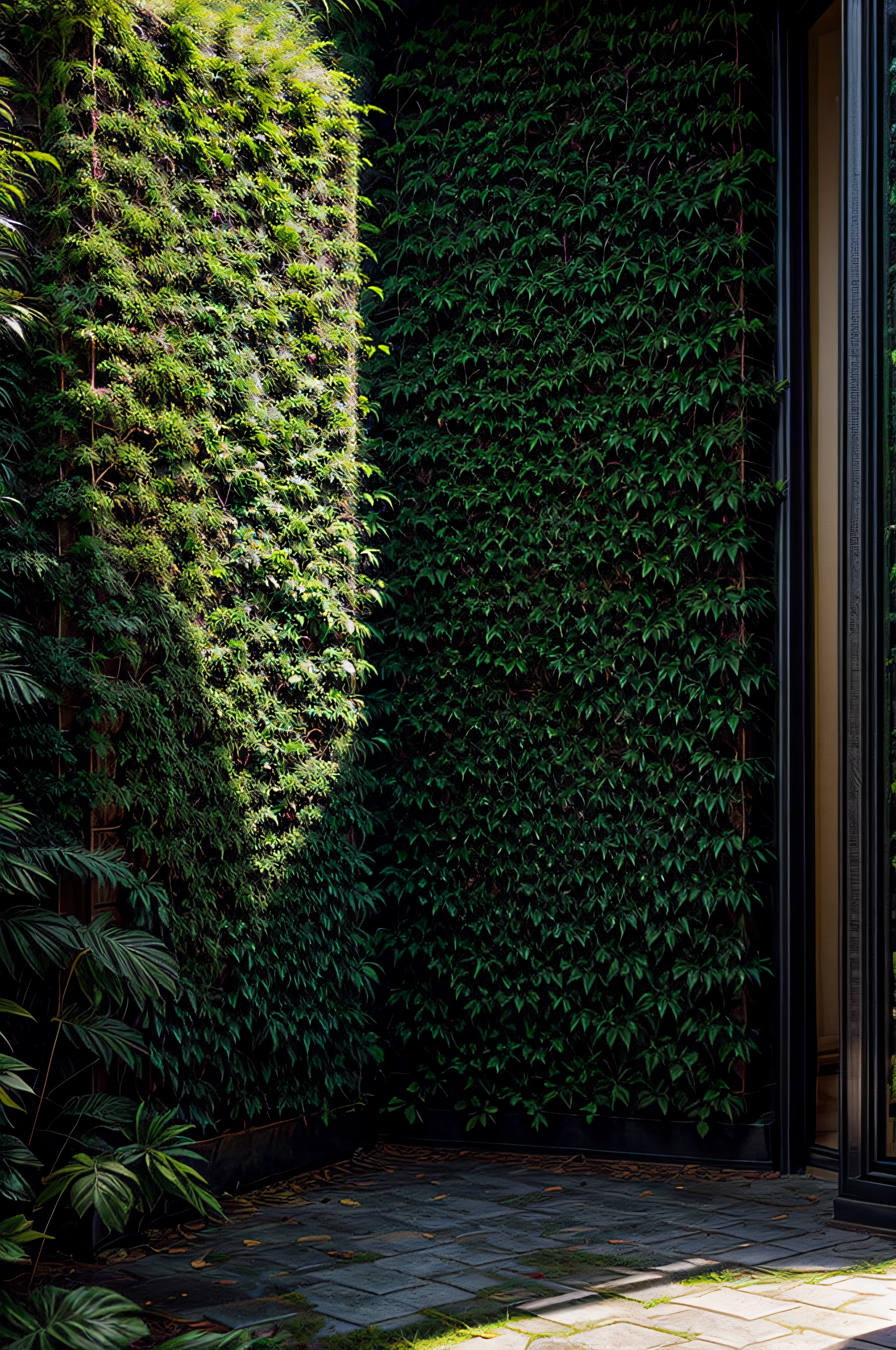 luxurious, full, hyper realistic vertical garden / green wall on the front of a house