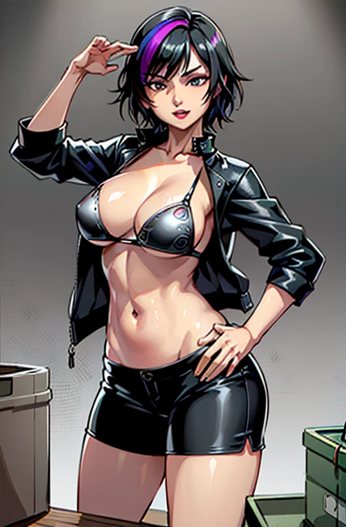 (GogoWaifu:1), evil smirk, large breasts, sexy pose, looking at viewer, :D, (jacket, shorts, pants:1.2), (realistic:1.2), (realism), (masterpiece:1.2), (best quality), (ultra detailed), (8k, 4k, intricate),(full-body-shot:1),(Cowboy-shot:1.2), (85mm),light particles, lighting, (highly detailed:1.2),(detailed face:1.2), (gradients), colorful, detailed eyes, (detailed landscape, lab, labroom:1.2), (mechanical, tools, chemical containers, desk:1.2),(detailed background),detailed landscape, (full body portrait:1.2), (dynamic pose:1.2), (rule of third_composition:1.3), (Line of action:1.2), wide shot, solo, daylight,