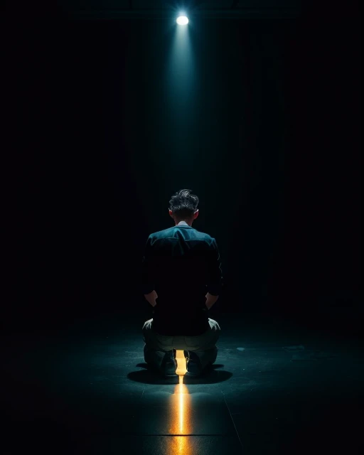 Man on his knees with his back facing camera in a dark room with a glossy black floor and a spotlight shining down on top of him