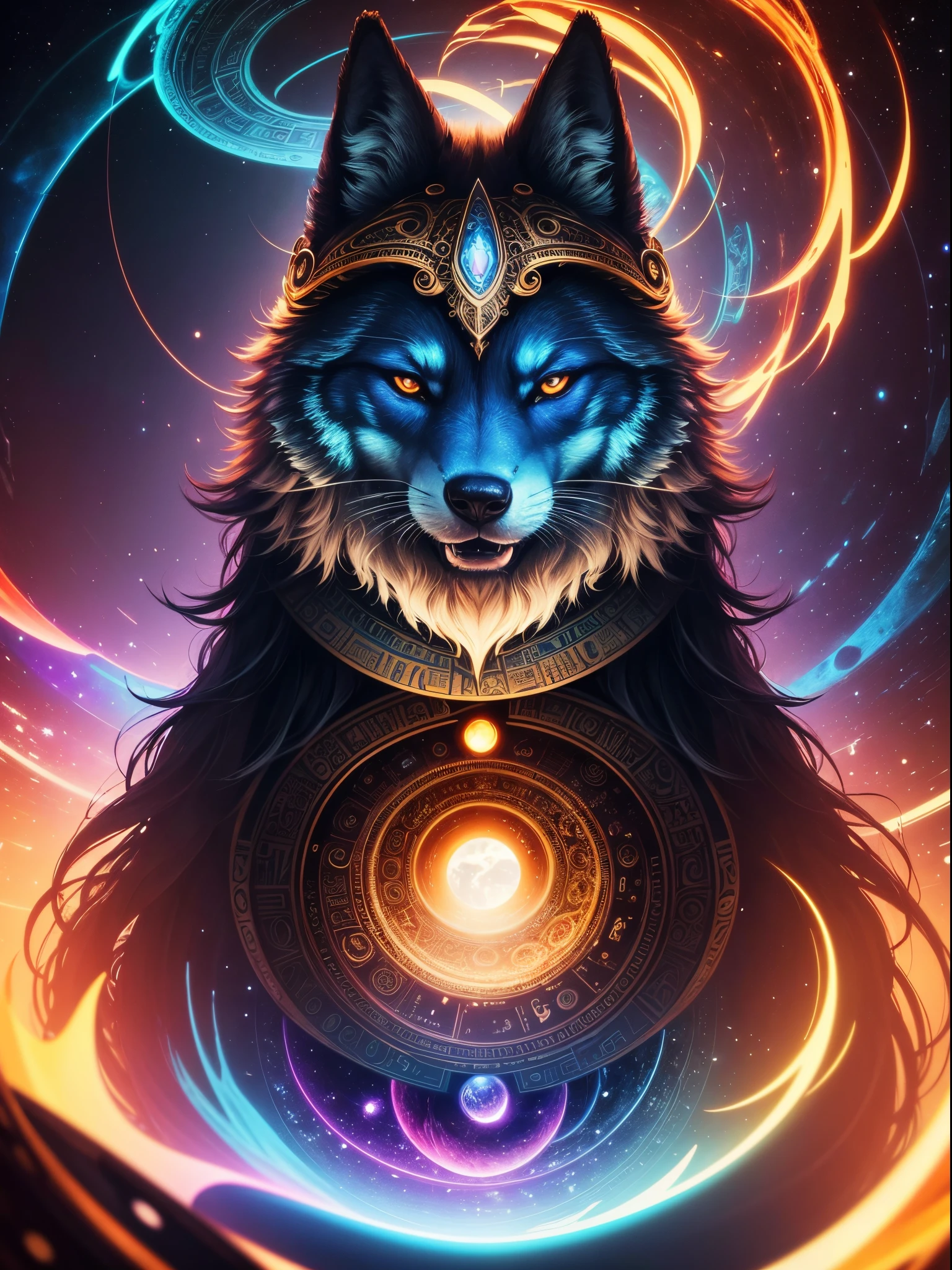 "only a big wolf Furry face in center in a psychedelic and surreal spiral world, ultra-detailed, with vibrant colors and lighting effects, creating a masterpiece with 8k and 4k resolution.wolf Furry is depicted with intricate details, merging with the surroundings seamlessly. The artwork showcases wolf Furry under the influence of LSD, where space and time lose their boundaries. The scene exudes a sense of otherworldly beauty and mystique, combining the ancient stargate Egyptian deity with a contemporary psychedelic aesthetic, creating a visually stunning and mind-altering experience."