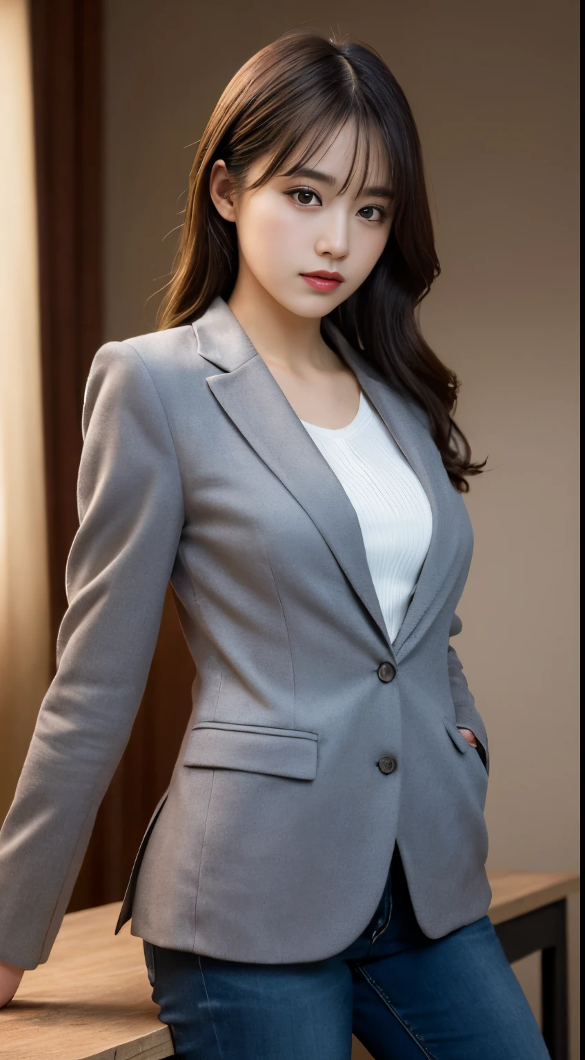On a table, Best quality, lamplight, ultra - detailed, Detailed pubic hair, A high resolution, 8k wallpaper, Perfect dynamic composition, beautidful eyes,  Natural lips,blazer jacket ,校服, Lop, Full body lesbian,Put your hands in your pockets
