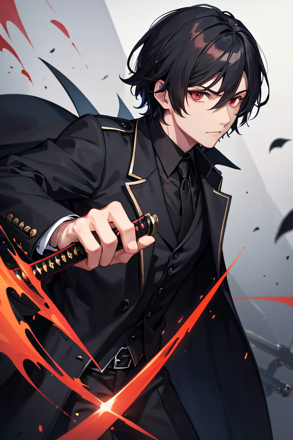 investigator man with black overcoat, red eyes, black hair, man, with katana