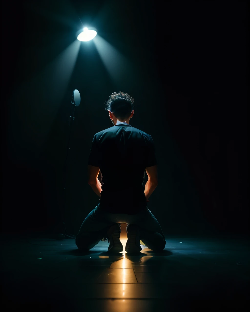 Man on his knees with his back facing camera in a dark room with a glossy black floor and a spotlight shining down on top of him