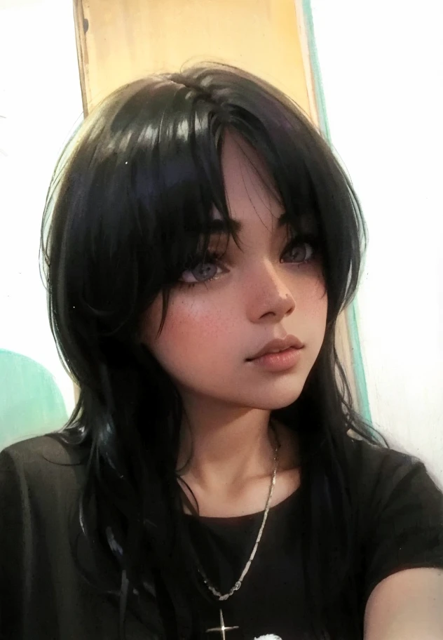 there is a woman with a necklace on her neck looking at a cell phone, with black hair, hair blackbangs hair, with long hair, with short hair, with straight black hair, with long dark hair, blackhair, with long black hair, with bangs, with a dark fringe, black-hair, she has black hair with bangs, messy black hair