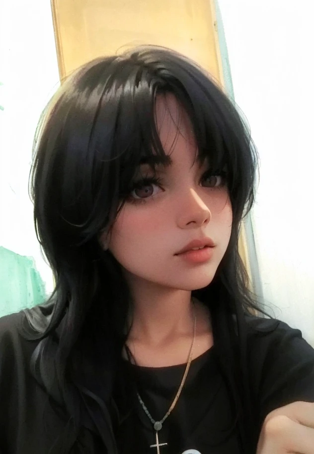 there is a woman with a necklace on her neck looking at a cell phone, with black hair, hair blackbangs hair, with long hair, with short hair, with straight black hair, with long dark hair, blackhair, with long black hair, with bangs, with a dark fringe, black-hair, she has black hair with bangs, messy black hair