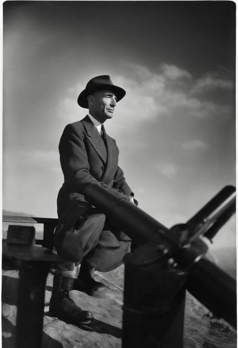A photo of Oppenheimer visiting an observatory, gazing up at the stars through a powerful telescope.,World War II,J. Robert Oppenheimer was a slender, sharp-featured man, often seen with a cigarette in hand, which complemented his contemplative demeanor. He had deep-set eyes and a prominent nose, which, alongside his habitual wearing of a pork pie hat, gave him a distinctive silhouette., male