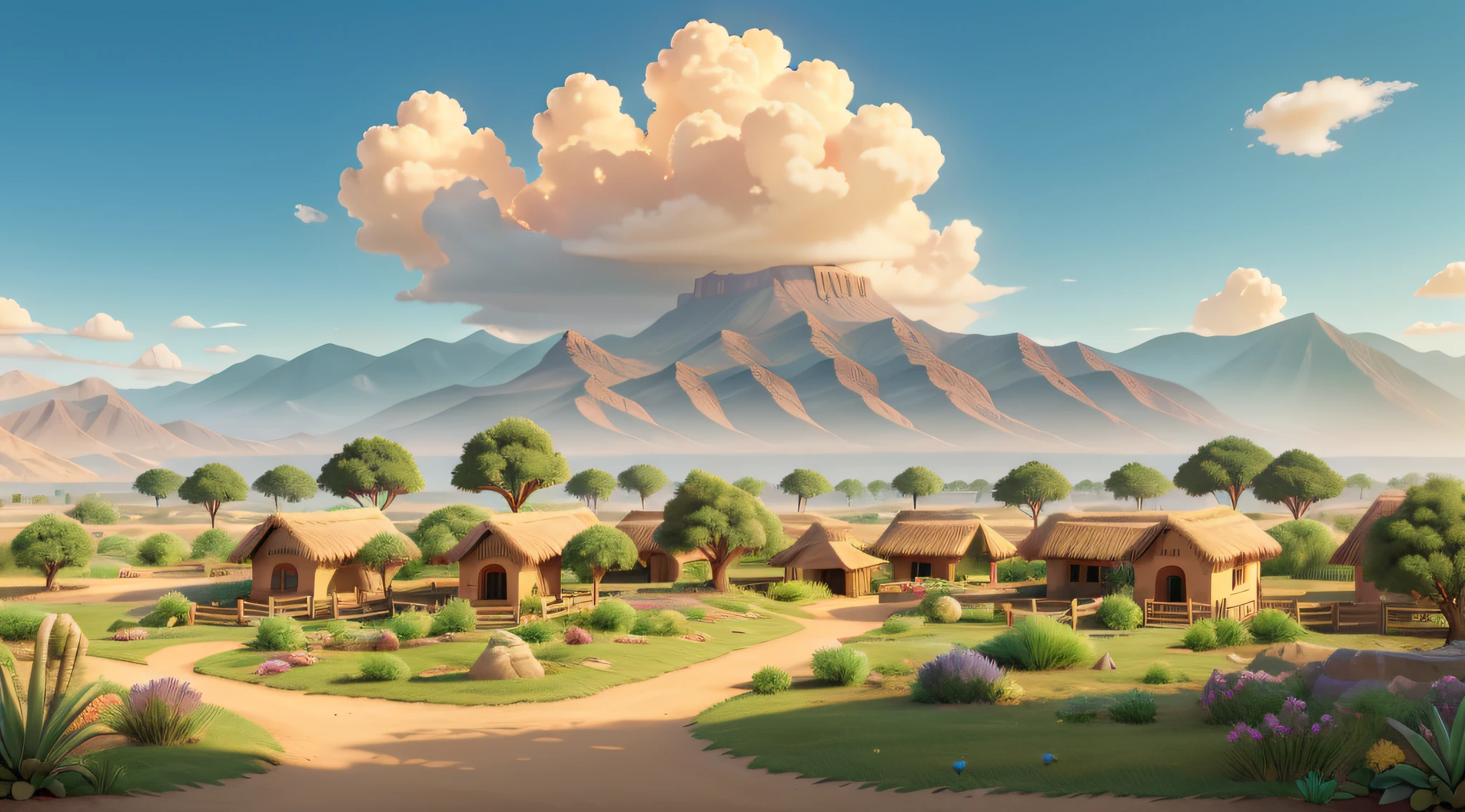 Ultra Realistic, fantasy nature, sky and ground, heavy wind, line cloud, Light shoot from the cloud, jungle, bright fun, ((extreme colors)), vibrant, beautiful, UHD, 8K, extremely detailed, photography, photorealism, natural light, masterpiece, best quality, amazing, intricate, highly detailed, sharp focus, cinematic, generate an image of a quaint village nestled amidst middle east hills and cozy traditional Arabian cottages, Arabian mountain as background, desert