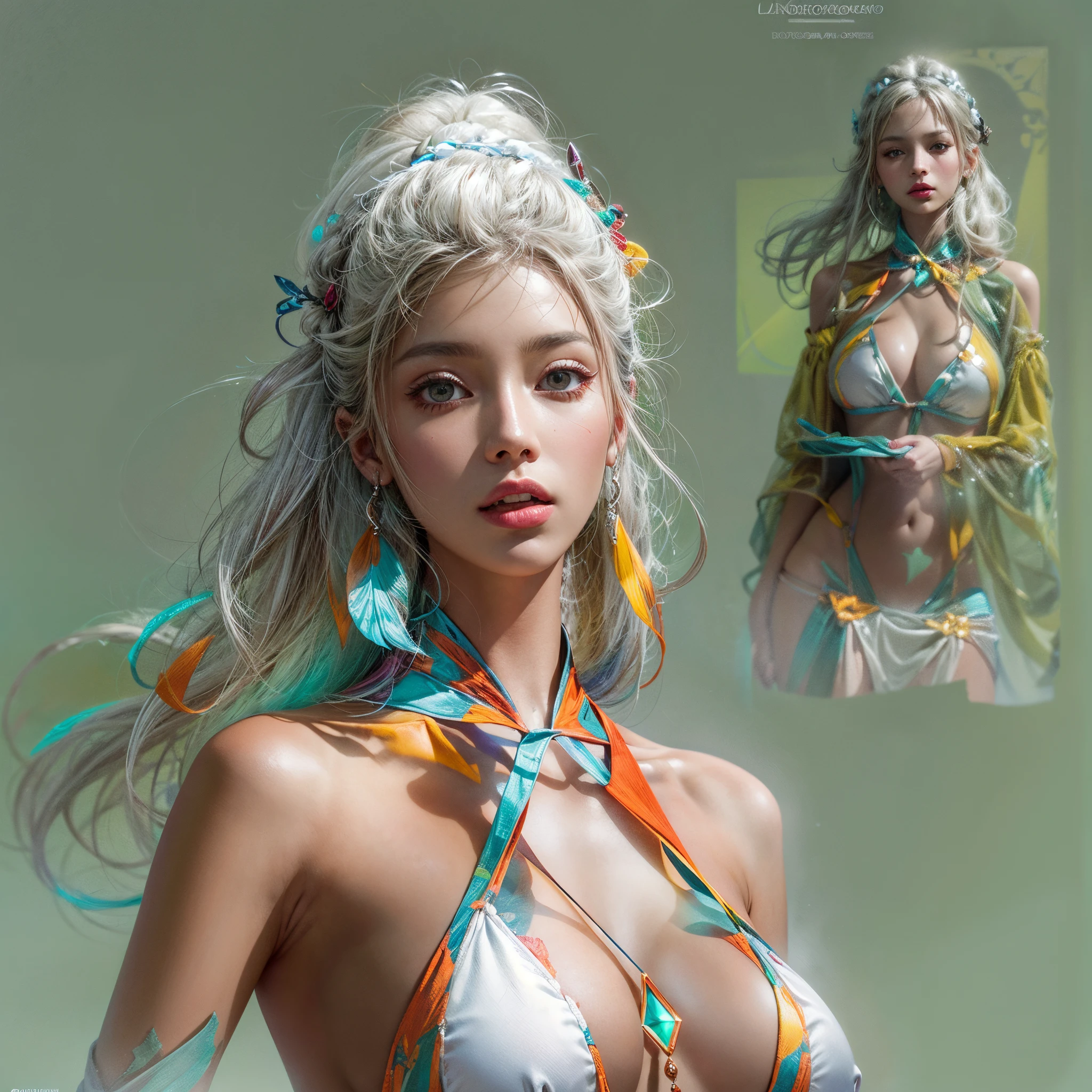 ( Masterpiece:1.2?????posed:1.2, White and vivid colors, navel),  (???? junior idol), ((face variations)), portrayed in the best quality and high resolution. The image should be ultra-detailed, realistic, and photorealistic with a touch of rawness. back lighting, colorful Light shines through delicate stained glass. The medium can be a combination of photography and concept art. The color tone should be vibrant and vivid, enhancing the overall visual impact. Whole Body proportions and all limbs are anatomically accurate, (??????:-0.9) .