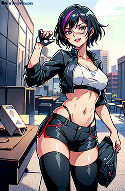 (GogoWaifu:1), evil smirk, large breasts, sexy pose, looking at viewer, :D, (jacket, shorts, pants:1.2), (realistic:1.2), (realism), (masterpiece:1.2), (best quality), (ultra detailed), (8k, 4k, intricate),(full-body-shot:1),(Cowboy-shot:1.2), (85mm),light particles, lighting, (highly detailed:1.2),(detailed face:1.2), (gradients), colorful, detailed eyes, (detailed landscape, lab, labroom:1.2), (mechanical, tools, chemical containers, desk:1.2),(detailed background),detailed landscape, (full body portrait:1.2), (dynamic pose:1.2), (rule of third_composition:1.3), (Line of action:1.2), wide shot, solo, daylight,