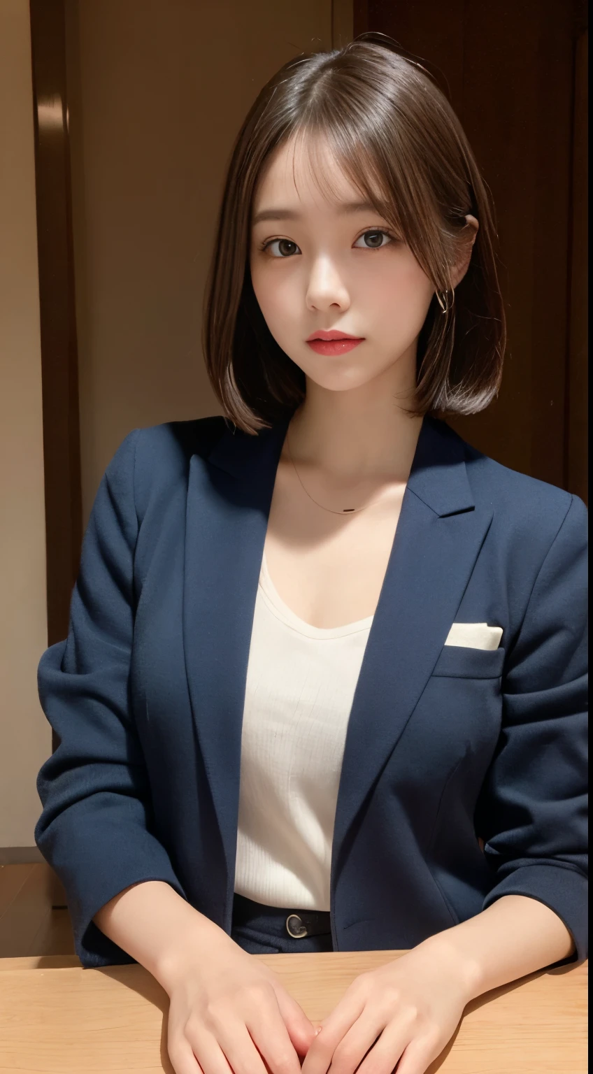 On a table, Best quality at best, lamplight, ultra - detailed, Detailed pubic hair, A high resolution, 8k wallpaper, Perfect dynamic composition, beautidful eyes,  Natural lips,blazer jacket ,校服, Lop, Full body lesbian,Put your hands in your pockets