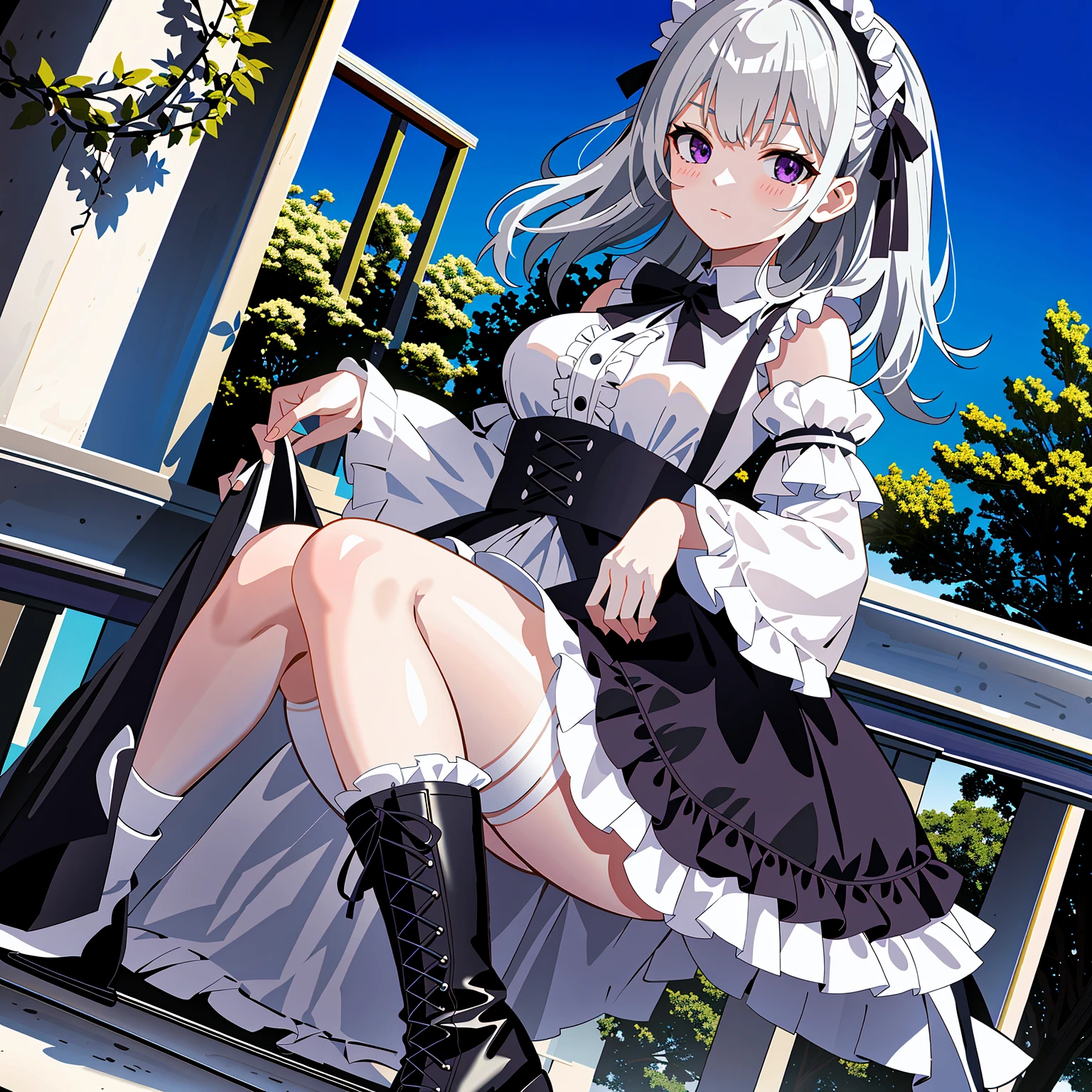 (masterpiece), best quality, high resolution, extremely detailed, detailed background, cinematic lighting, outdoor, 1girl, medium hair, silver hair, crossed bangs, purple eyes, medium breasts, white shirt, black dress, drastic hair ornaments, skirt, frills, lace rims, frilled sleeves, frilled skirt, thighhigh, ankle boots, looking at viewer,