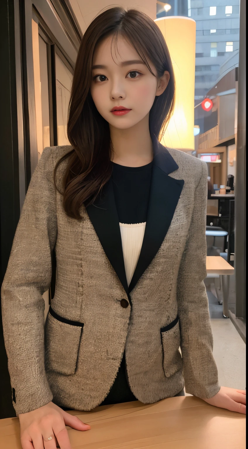 On a table, Best quality, lamplight, ultra - detailed, Detailed pubic hair, A high resolution, 8k wallpaper, Perfect dynamic composition, beautidful eyes, Natural lips,blazer jacket ,校服, Lop, Full body lesbian,Put your hands in your pockets