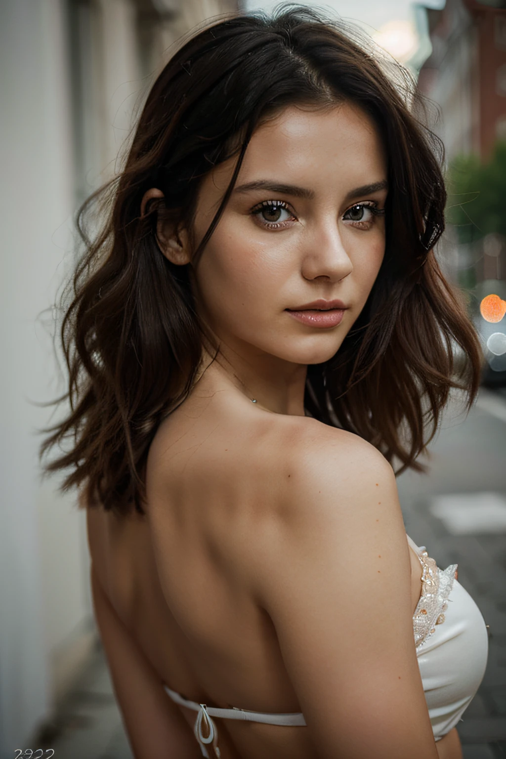 ((Photograph of Polish woman)), ,beautiful woman posing for the camera, most beautiful woman on earth, masterpiece work of art, childish look, intense look, looking at camera, facing camera, short and wavy black hair