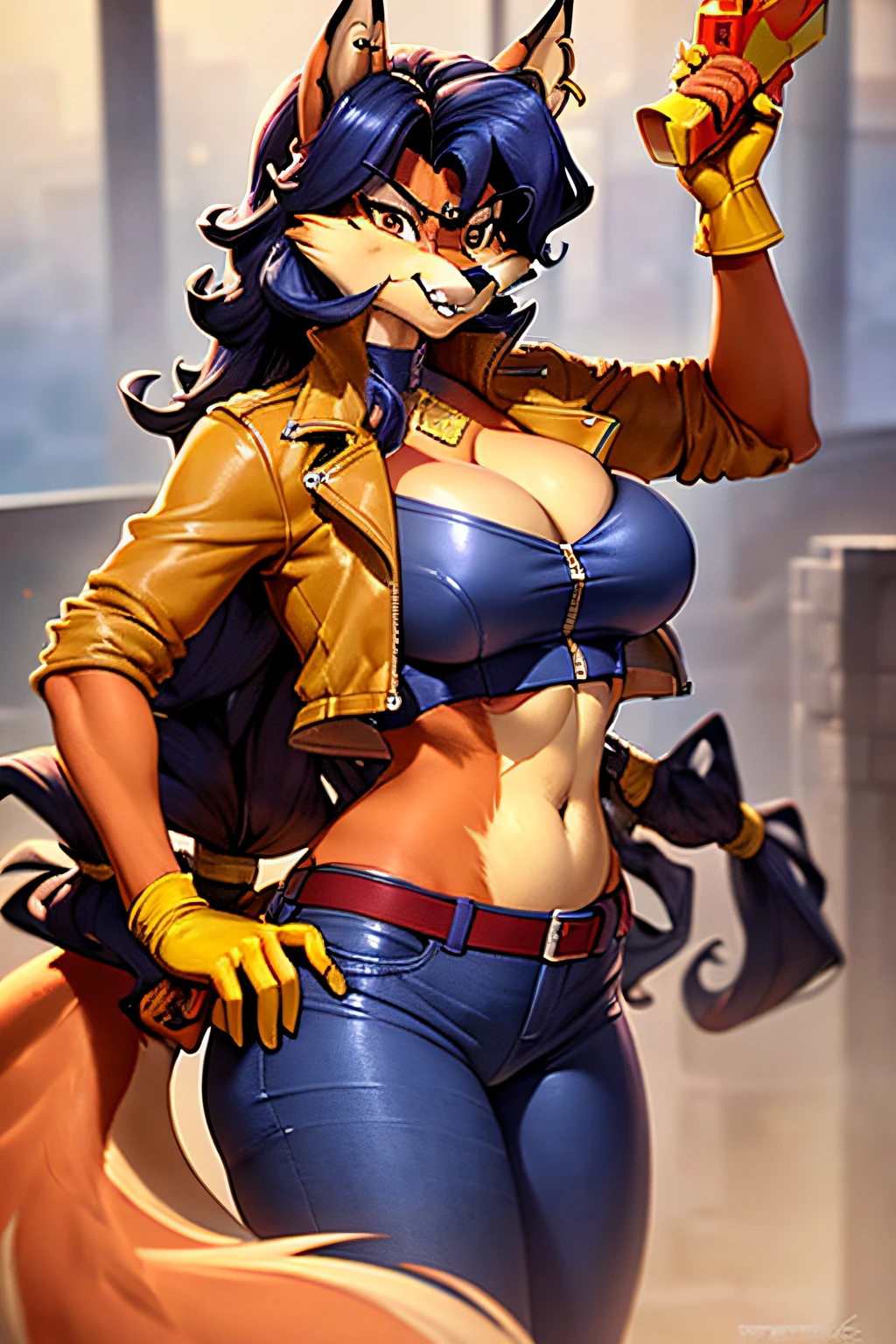 (best quality, masterpiece:1), furry female anthro carmelita fox, fox girl, (gun:1.1), holding gun, (angry, clenched teeth:1.2), portrait, leather jacket, blue crop top, blue jeans, bottomless, medium breasts,  yellow gloves, looking at viewer, abstract background, detailed octane render,  blue hair, brown eyes,  mole,