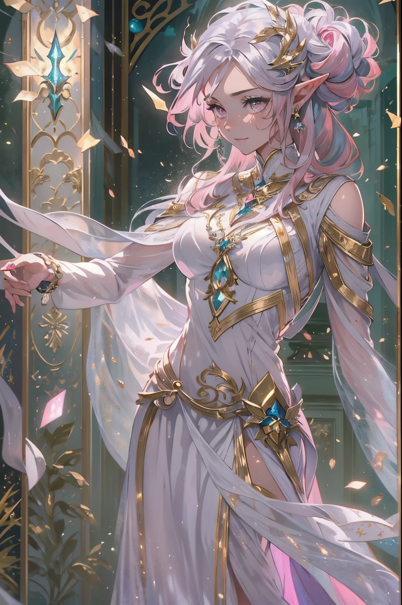 ((Shot Full Body)), The woman, round face, curly hair, (pink hair:1.3), lilac eyes, sparks, hair in a bun, white spots on the face, (Elf with pointy ears), calm face, endearing smile, enchantress, magical confident pose, (White Elven Dress, Silver details, Ornaments, long sleeves, tapes:1.3). (silver bracelet on wrist). Fantasy, Ultra Detailed, 电影灯光, painting, Iconography, tarot, Full-HD, Alphonse Mouxf