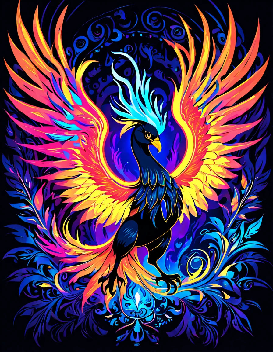 ((((black light poster art)))), design a captivating art piece featuring the essence of a mythical fire phoenix, with its feathers ablaze in radiant hues, surrounded by swirling flames and symbols of rebirth and transformation