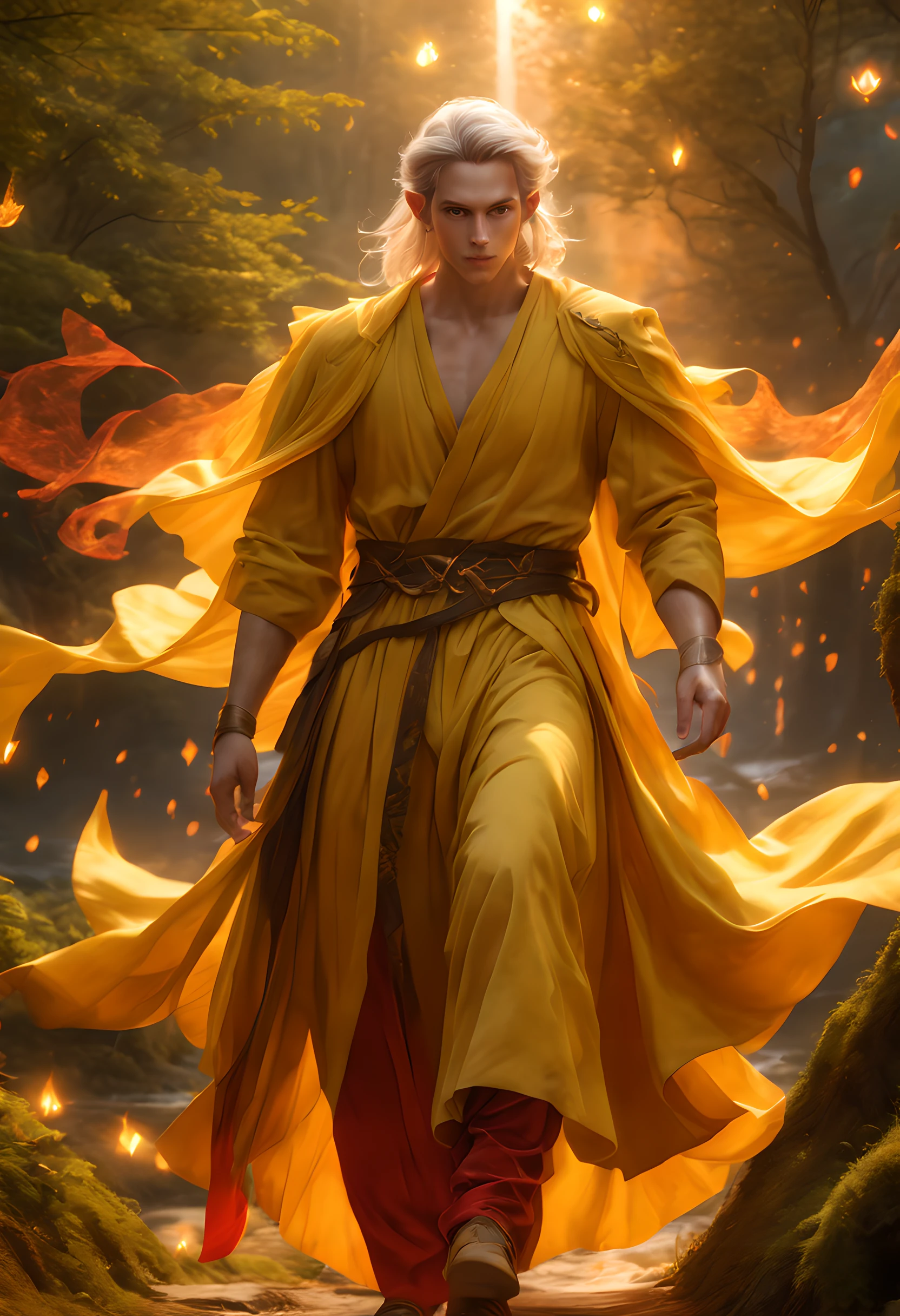 (Best quality,4K,8k,high resolucion,Masterpiece:1.2), Ultra-detailed, Realstic:1.37, Elf male in a yellow robe, Aura rouge puissante, Vibrant colors, Mystical Enlightenment, Tissu fluide, ancient forest paysage, Enchanted atmosphere, expression intrigante, Intricate details, Portrait fantastique, magical atmosphere