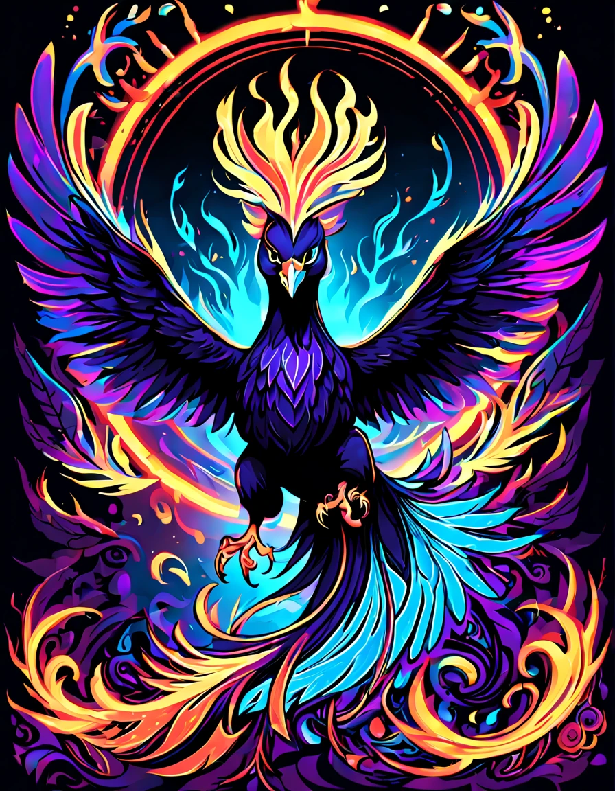 ((((black light poster art)))), design a captivating art piece featuring the essence of a mythical fire phoenix, with its feathers ablaze in radiant hues, surrounded by swirling flames and symbols of rebirth and transformation