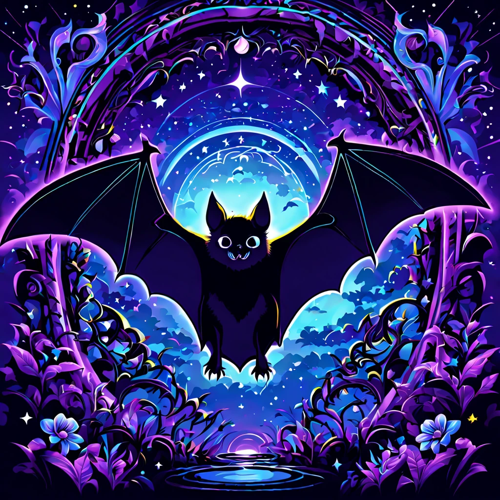 ((((black light poster art)))), design a captivating art piece featuring the mystical allure of a nocturnal bat, with its wings spread wide, adorned with intricate patterns that glow in the dark, surrounded by an enchanting night sky filled with stars and moonlit clouds
