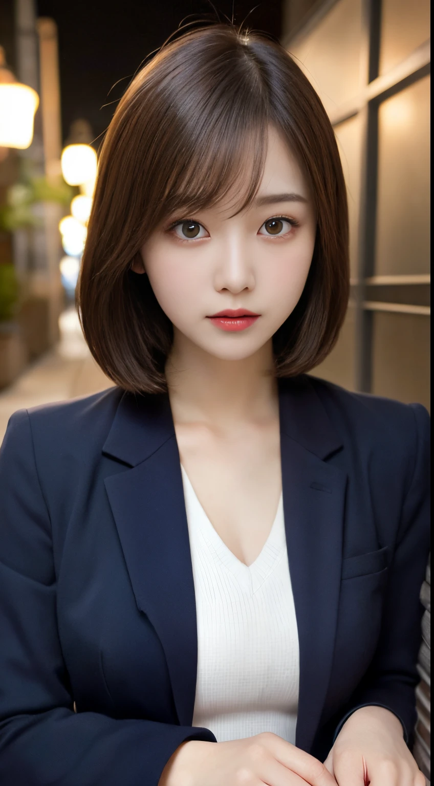 On a table, Best quality, lamplight, ultra - detailed, Detailed pubic hair, A high resolution, 8k wallpaper, Perfect dynamic composition, beautidful eyes, Natural lips,blazer jacket ,校服, Lop, Full body lesbian,Put your hands in your pockets