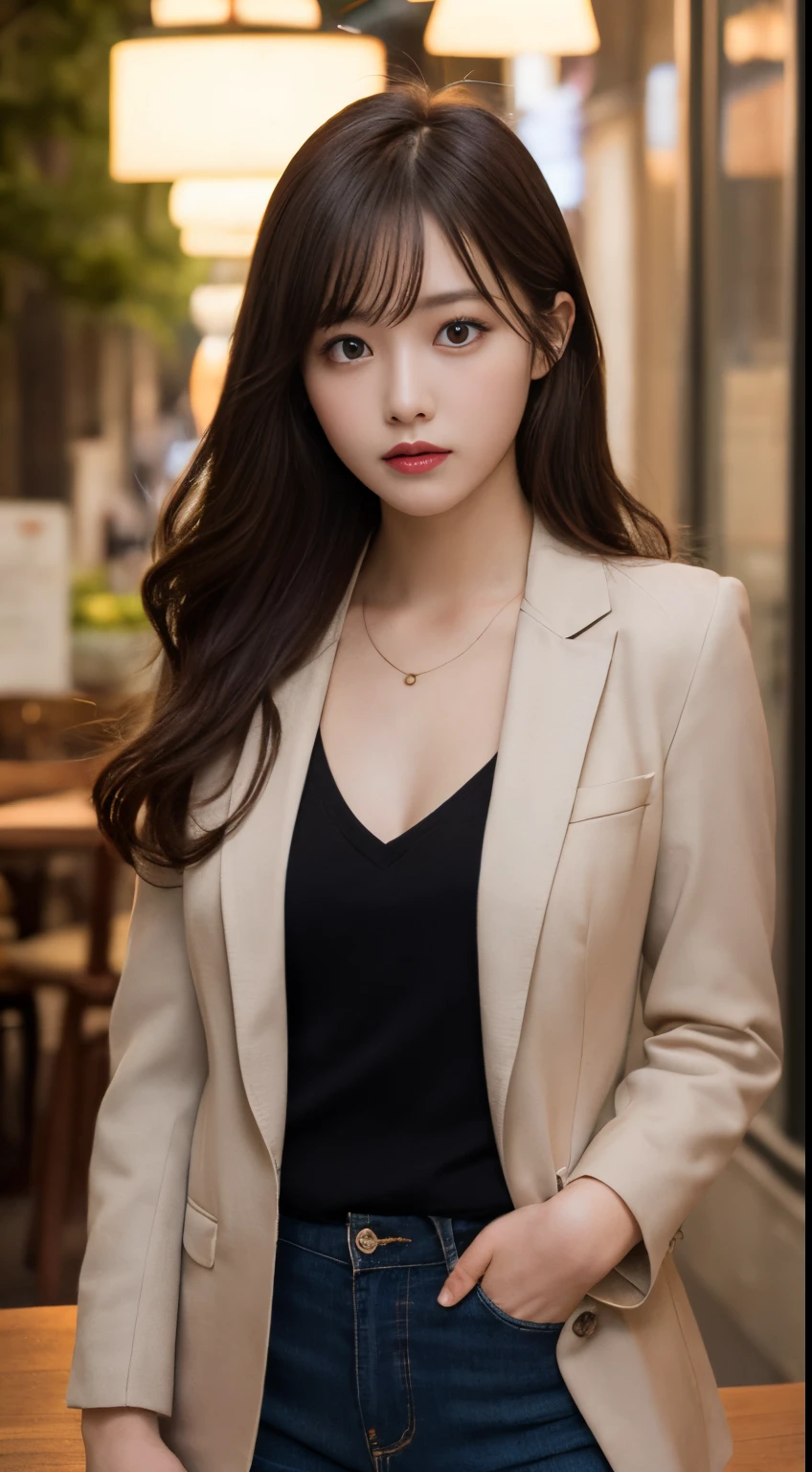 On a table, Best quality, lamplight, ultra - detailed, Detailed pubic hair, A high resolution, 8k wallpaper, Perfect dynamic composition, beautidful eyes, Natural lips,blazer jacket ,校服, Lop, Full body lesbian,Put your hands in your pockets