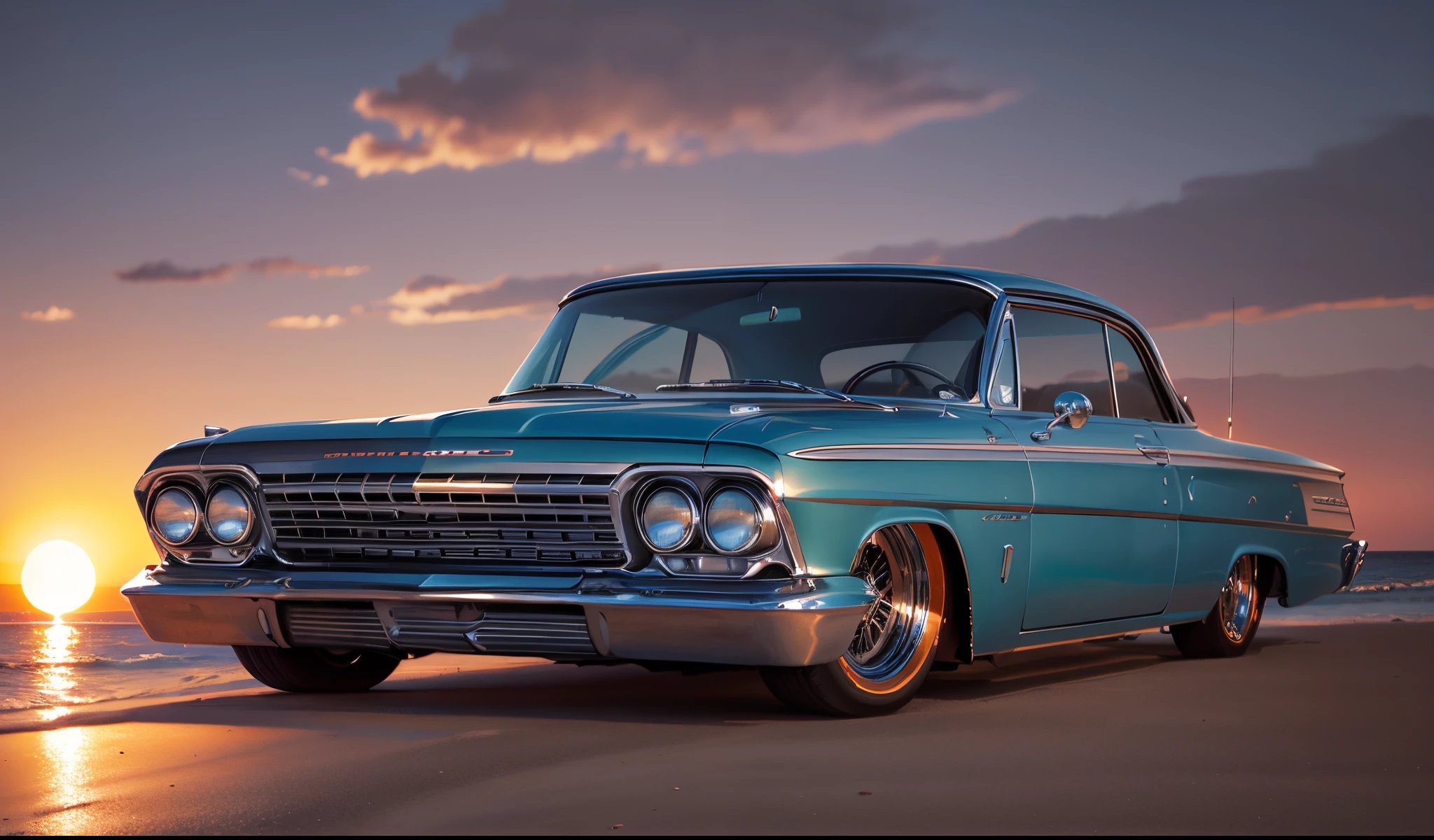 &#39;62 Chevy car with beach and boats and yachts at sunset by Syd Mead