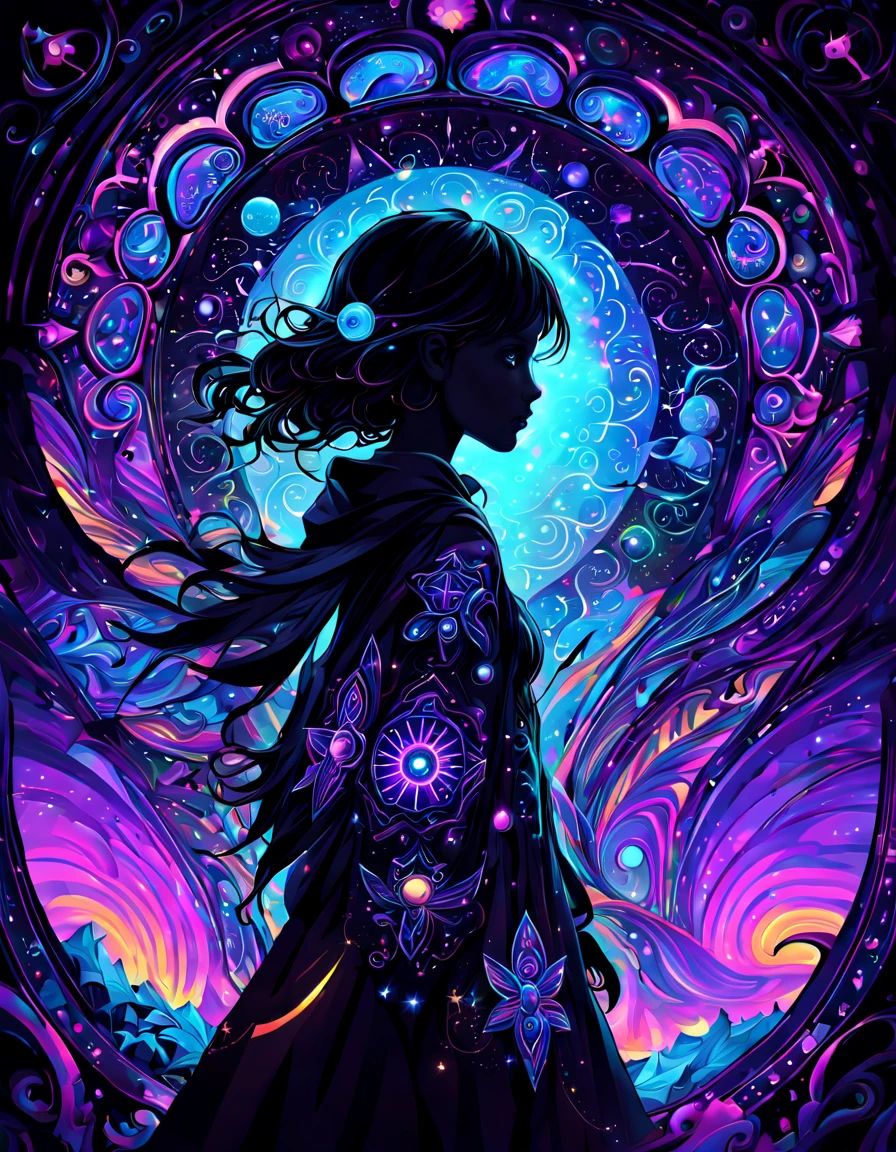 ((((black light poster art)))), design a captivating art piece featuring a mysterious and enchanting cosmic explorer, adorned with glowing celestial symbols and surrounded by swirling galaxies, a sense of adventure