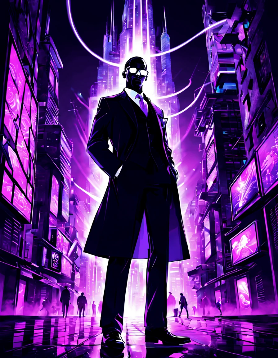 ((((black light poster art)))), fashionable sinister scientist stands confidently in a trendy urban setting, dressed in chic and stylish attire, bustling cityscape with towering skyscrapers, vibrant street art, a sense of energy and excitement