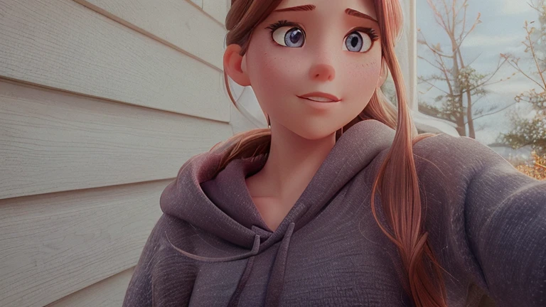 Female, long brown hair pulled back, brown hair with faded red, blue eyes, long eyelashes, thick lips, taking a selfie while wearing a grey hoodie, soft pink lips, light freakles, light blush, blue eyes, looking slightly off camera