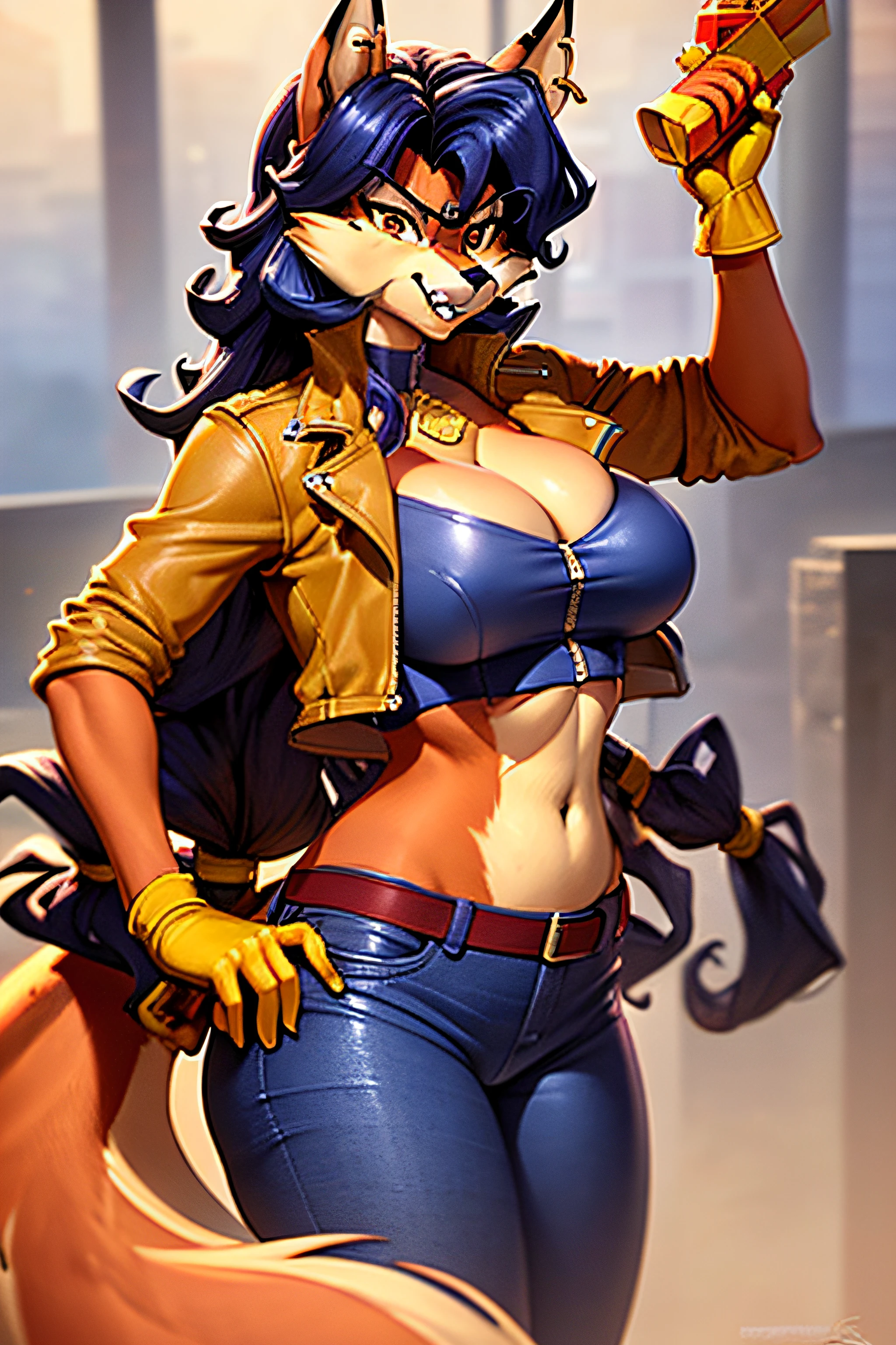 (best quality, masterpiece:1), furry female anthro carmelita fox, fox girl, (gun:1.1), holding gun, (angry, clenched teeth:1.2), portrait, leather jacket, blue crop top, blue jeans, bottomless, medium breasts, yellow gloves, looking at viewer, abstract background, detailed octane render, blue hair, brown eyes, mole,