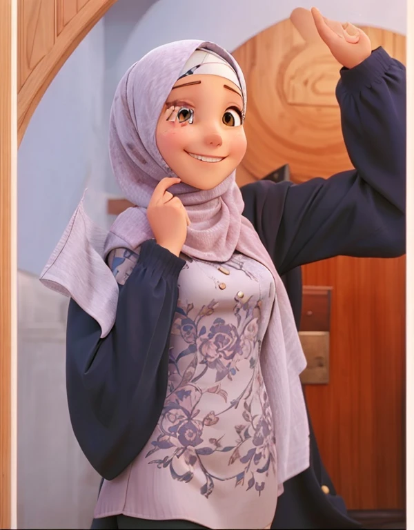 There is a woman taking a photo, smiling into camera,smiling at camera ,color picture, awoman wearing hijab
