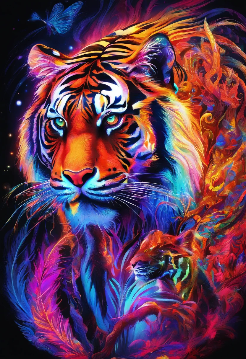 Black light art,Tiger,high saturated,hight contrast,Bright colors,Mystical hallucinations,super-fine,ultra-clear,hyper-detailing,tmasterpiece,