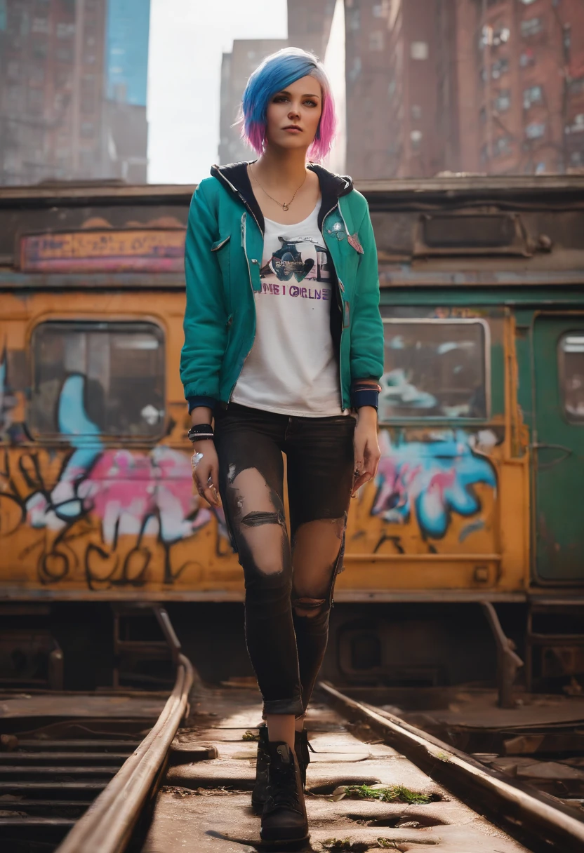 Chloe standing on top of a graffiti-covered subway car, throwing up peace signs and sticking out her tongue,Life is Strange video game series,Chloe is a tall white teenage girl, with very short blue hair with pink roots, green eyes, punk aesthetic, female