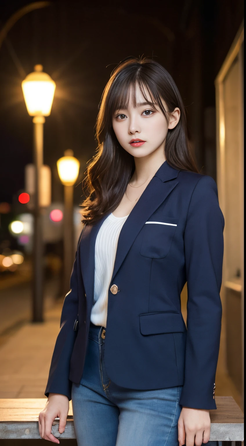On a table, Best quality at best, lamplight, ultra - detailed, Detailed pubic hair, A high resolution, 8k wallpaper, Perfect dynamic composition, beautidful eyes, Natural lips,blazer jacket ,校服, Lop, Full body lesbian,Put your hands in your pockets