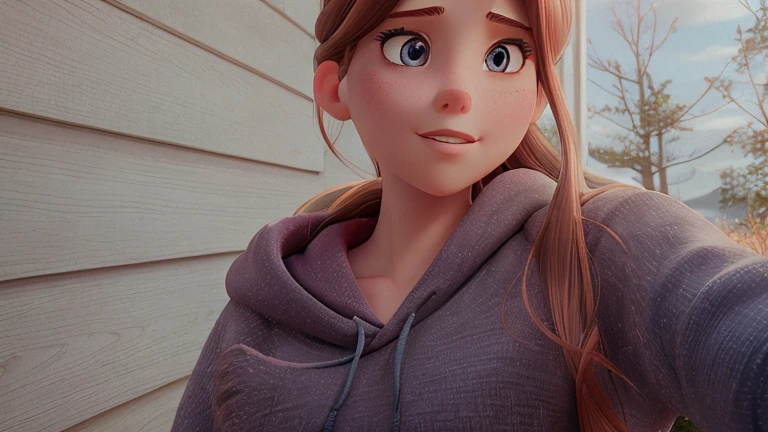 Female, long brown hair pulled back, brown hair with faded red, blue eyes, long eyelashes, thick lips, taking a selfie while wearing a grey hoodie, soft pink lips, light freakles, light blush, blue eyes, looking slightly off camera