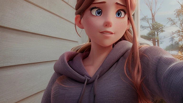Female, long brown hair pulled back, brown hair with faded red, blue eyes, long eyelashes, thick lips, taking a selfie while wearing a grey hoodie, soft pink lips, light freakles, light blush, blue eyes, looking slightly off camera