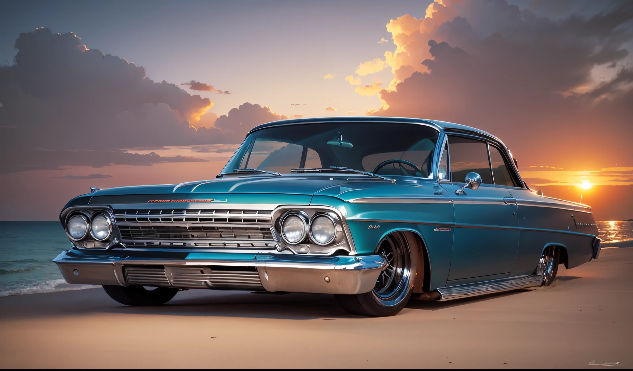 &#39;62 Chevy car with beach and boats and yachts at sunset by Syd Mead