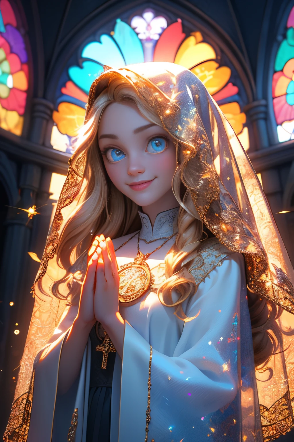 masterpiece, 1 girl, finely detailed, quality, mirrornun, rembrandt lighting, (intricate details), looking at viewer, smile, dramatic, ray tracing, 1girl, blonde hair, blue eyes, long curls hair, palms together, own hands together, sparkle, halo, see-through veil, intricate, jewelry, gothic church, tarot card