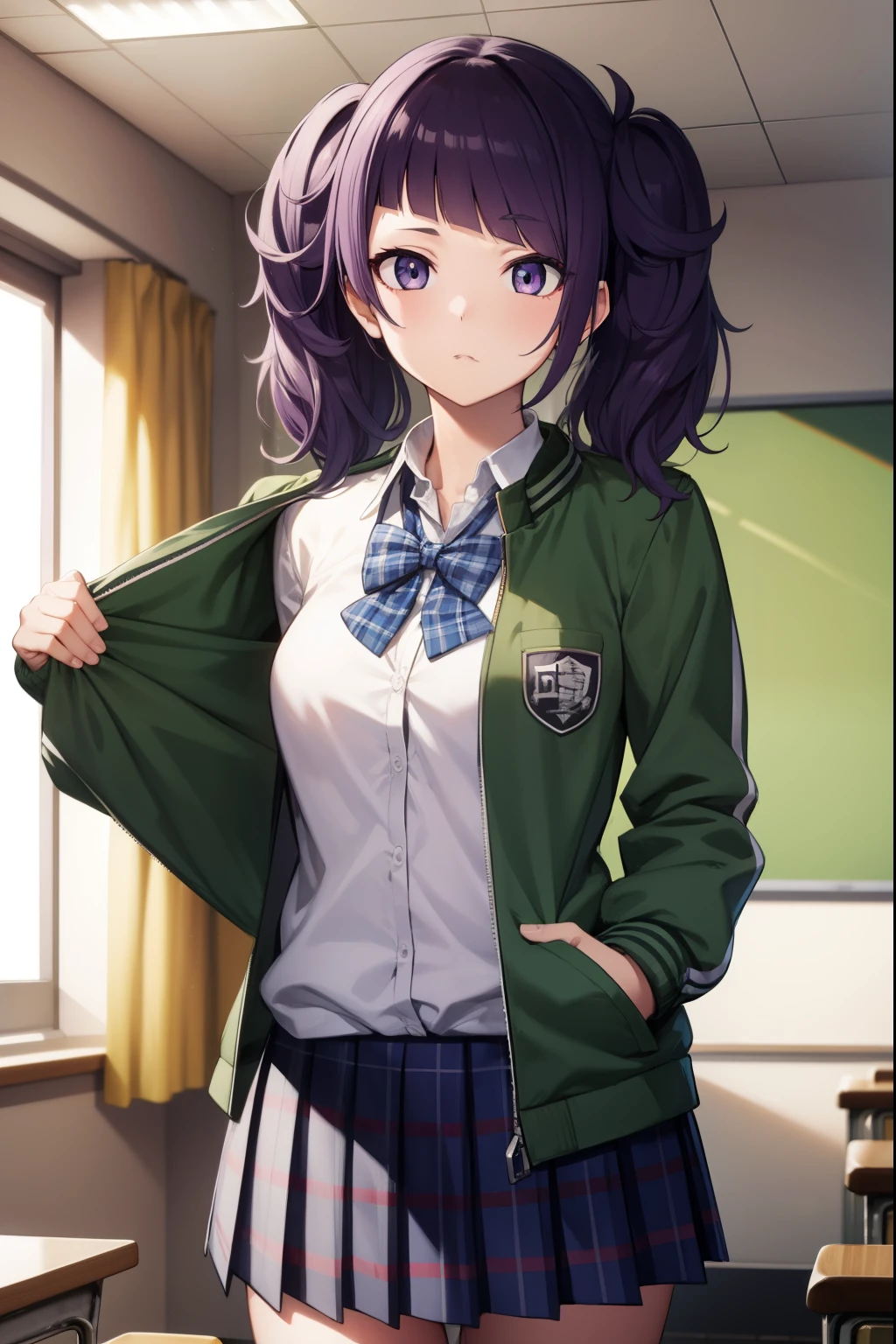 mamimitanaka, mamimi tanaka, asymmetrical bangs, blunt bangs, diagonal bangs, (purple eyes:1.1), purple hair, twintails,
BREAK school uniform, jacket, green jacket, (jacket partially removed:1.5), shirt, collared shirt, white shirt, bow, blue bow, skirt, plaid, plaid skirt, pleated skirt, short skirt,
BREAK looking at viewer,
BREAK indoors, classroom,
BREAK (masterpiece:1.2), best quality, high resolution, unity 8k wallpaper, (illustration:0.8), (beautiful detailed eyes:1.6), extremely detailed face, perfect lighting, extremely detailed CG, (perfect hands, perfect anatomy),