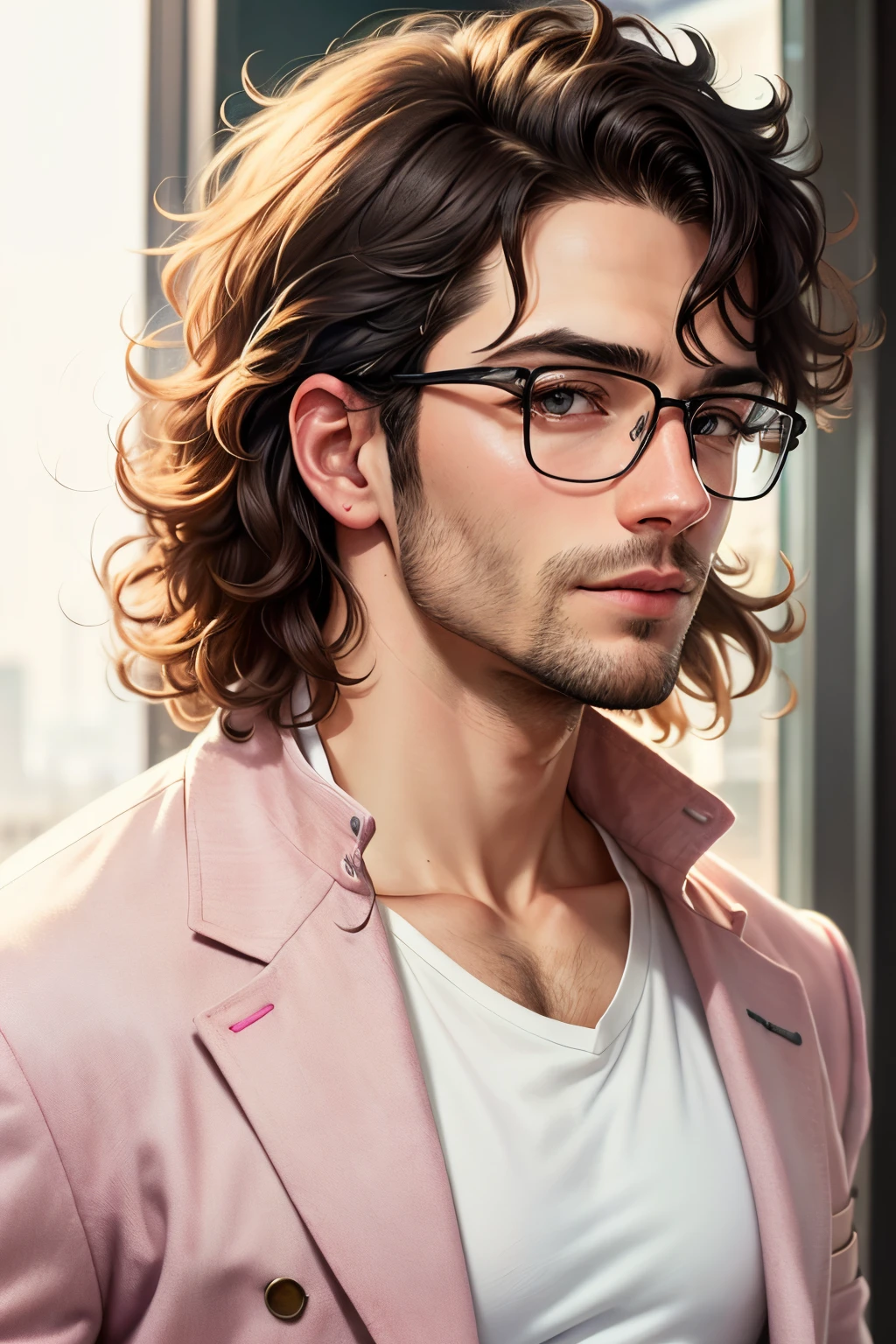 Amazing portrait of a man with short messy wavy hair, clean shaven, glasses, white t shirt, pink denim overcoat, black cargo pants